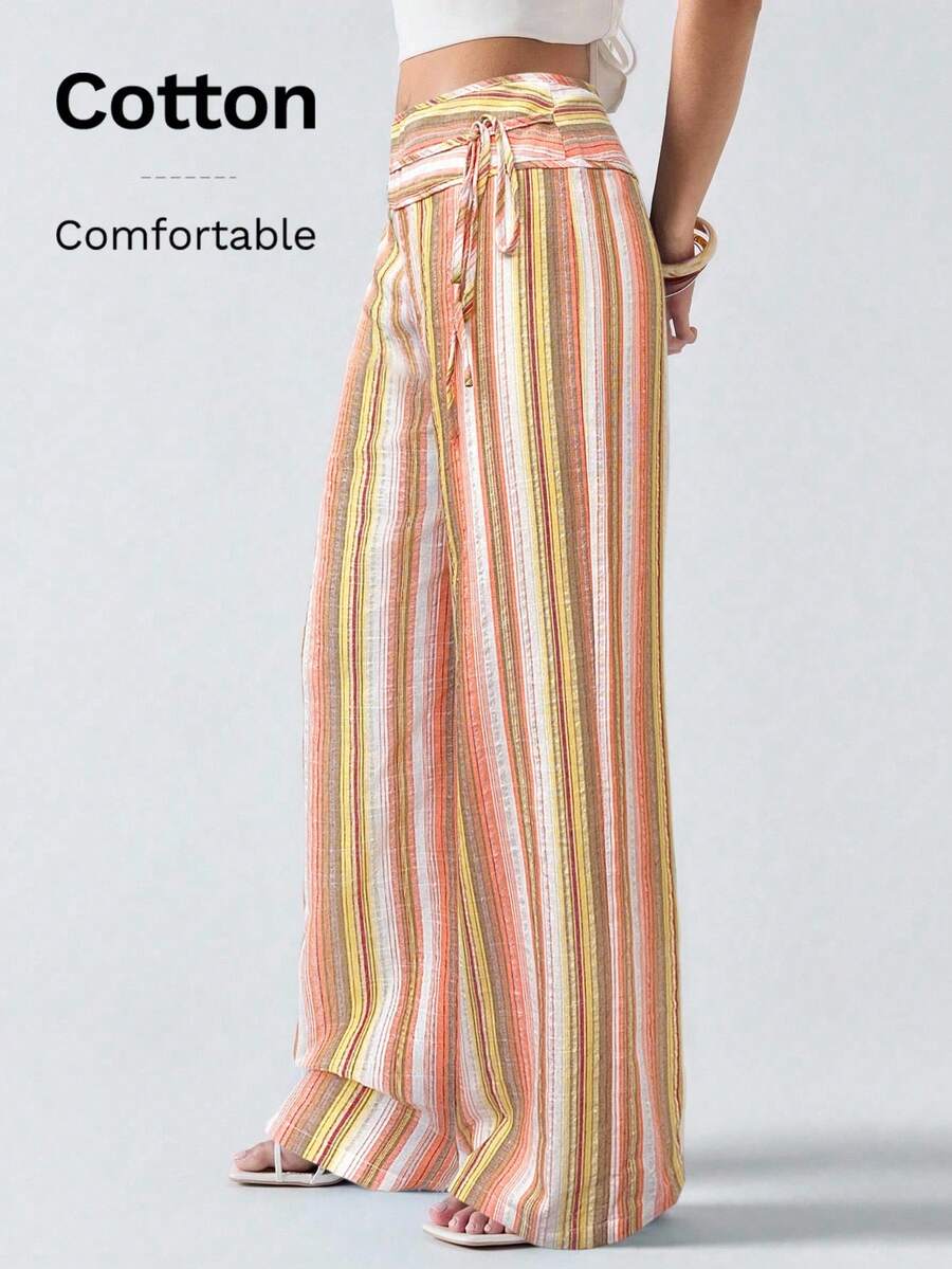 SHEIN EZwear 彩色条纹系带拼接加大码休闲裤，春夏款 - 橘色 - 查看 1