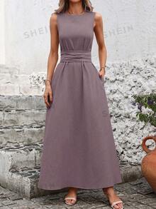 SHEIN Clasi Women Solid Color Crew Neck Sleeveless Waisted Pocketed Casual Dress,Summer Dresses For Women - Purple - View 6