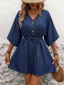 EMERY ROSE 女士休闲抽绳腰牛仔连衣裙 - 藍色 - 查看 3