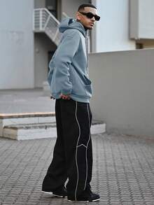 Devon Thys 男士秋冬山地标语印花口袋抽绳休闲连帽卫衣，长袖上衣 - 淺藍色 - 查看 7