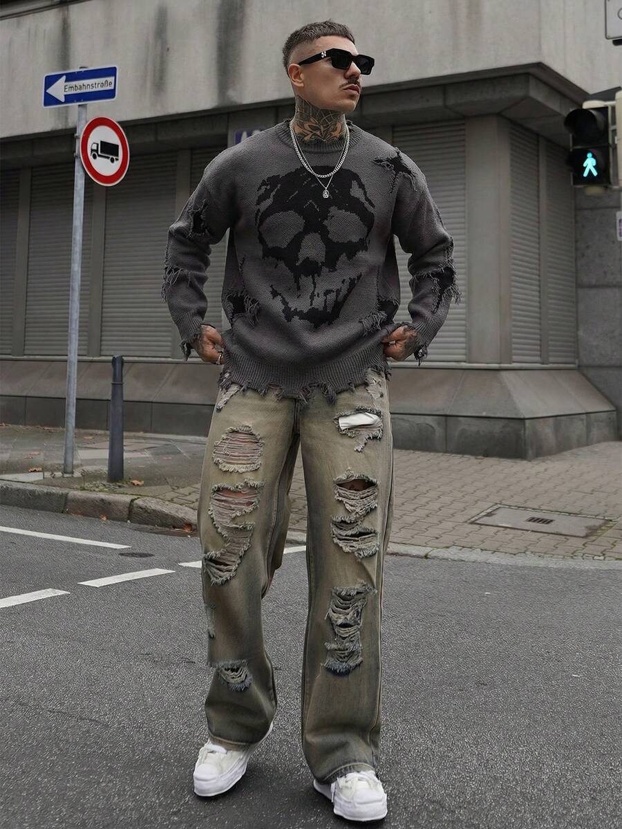 Artur Kramer ANDREILEE 男士骷髅图案做旧流苏圆领休闲毛衣 - 灰色 - 查看 1