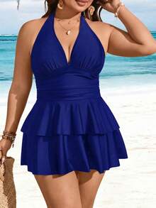 Swim Lushoire Plus Size Solid Color V-Neck Ruched Multi-Layer Ruffle Hem Fashionable Vacation Style Women's Two Pieces Swimsuit - Blue - View 1
