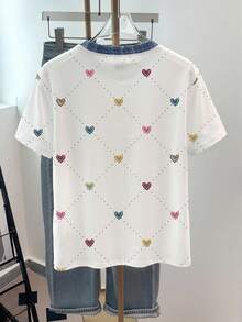 Resyla Camiseta de mujer con efecto de mezclilla, cuello de contraste y estampado de corazón - Blanco - Ver 2