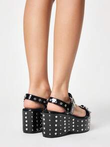 ROMWE Grunge Punk Ladies, Spike Buckles, Lame-Heeled Platform Sandals. 2000s Style - Black - View 5