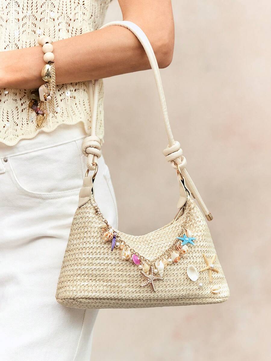 Viva Strut A Set Of Floral Crocheted Beach Handbags And Accessories, Stylish Personalized Beach Resort Style Shell Lace Lady Messenger Bag - White straw bag with horizontal grain color chain starfish - View 1