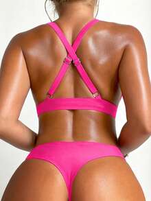 SHEIN Swim Conjunto de bikini de unicolor para playa de verano, festival de música - Rosa Fucsia - Ver 1