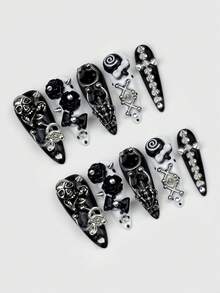 ROMWE Bộ 10 món đồ trang trí móng tay phong cách Gothic Dark Punk, gồm móng vuốt hình đầu lâu, đinh tán, nơ, miếng dán móng giả và một miếng băng dính hai mặt. - màu đen - Xem 2