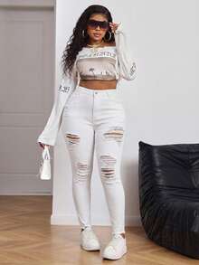 Plus Size Black Ripped Skinny Stretch Jeans - White - View 4