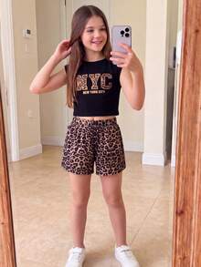 SHEIN 2pcs Tween Girls' Fashion Cool Round Neck Letter & Leaf Print Short Sleeve Top And Shorts Set, Suitable For Outdoor, Playing, Casual Outings In Summer - Black - View 2