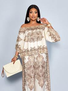 SOLERSUN Women's 2pcs/Set Plus Size Line Floral Print Vacation Casual Spring/Summer Off-Shoulder Shirt And Wide Leg Pants Clothes For Women 2 Piece Set Co Ord Sets Women - Khaki - View 3