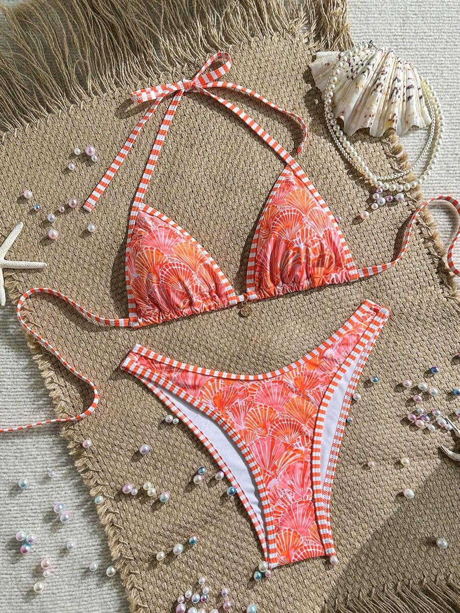 Swim Vcay 全身贝壳印花挂脖三角比基尼泳衣 - 彩色 - 查看 1