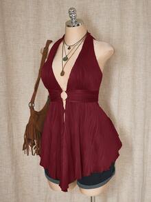 SHEIN ICON Plus Size Y2K Style Hollow Out Asymmetrical Hem Babydoll Halter Neck Knit Camisole - Burgundy - View 8