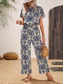 EMERY ROSE Beige,Summer,Boho,Holiday,Vacation,Holiday Elegant Two Pieces Set For Women,Short-Sleeve Pullover Shirt & Loose Straight-Leg Pants Casual Outfits, Tall Women - Multicolor - View 1