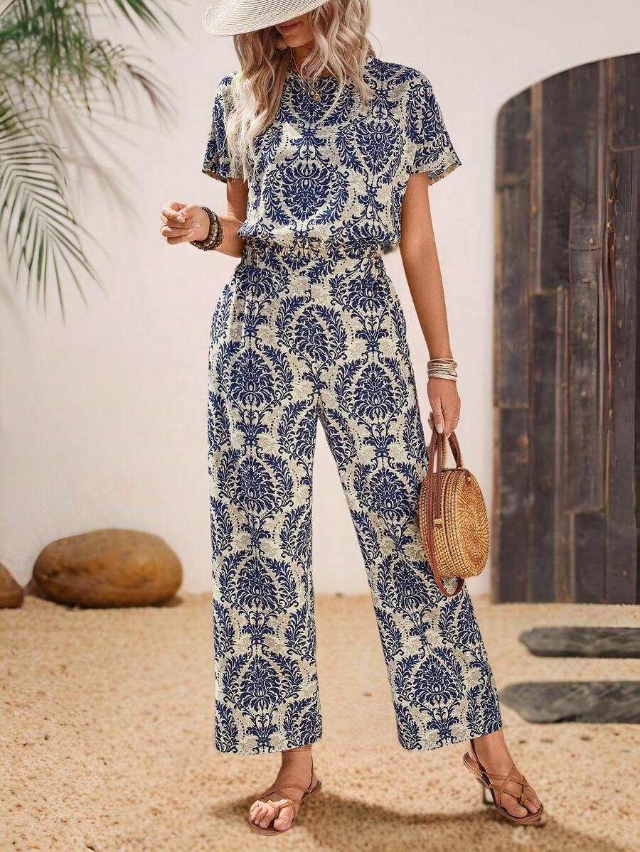 EMERY ROSE Beige,Summer,Boho,Holiday,Vacation,Holiday Elegant Two Pieces Set For Women,Short-Sleeve Pullover Shirt & Loose Straight-Leg Pants Casual Outfits, Tall Women - Multicolor - View 1