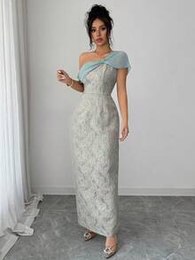 Elenzga Đầm dài nữ bán chạy nhất, chất liệu vải jacquard vàng có họa tiết, kiểu dáng thanh lịch, cổ bẻ chéo, cổ áo choàng voan với nơ thắt, thích hợp cho các bữa tiệc, hẹn hò, mua sắm, lễ hội âm nhạc và nhiều dịp khác trong mùa xuân/hè. - màu xanh lá - Xem 3