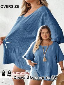 SHEIN CURVE+ Damen Große Größen Khaki Bluse, Rüschen Kurzarm Locker Saum Lässig Urlaubskleid, Strandoutfit für Frauen/Strandkleid/Strandurlaub Outfits/Strandutensilien/Abschlussfeier/Tea Party Kleid, Sommer/Land/Strandurlaub Outfits/Strandoutfits/Strandmode - Königsblau - Übersicht 3