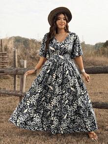 Ceyna Vestido de verano casual, de fiesta y de vacaciones con cuello en V y estampado total para mujer de talla grande - Negro - Ver 5
