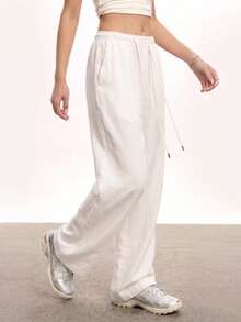 Rina Fox Quần cargo nữ màu trắng có túi và dây rút, ống thẳng hoặc ống côn. - trắng - Xem 5