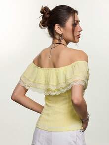 Rina Fox Women's Summer Casual Vacation Style Contrast Lace Layered Ruffle Off-Shoulder Top - Yellow - View 3