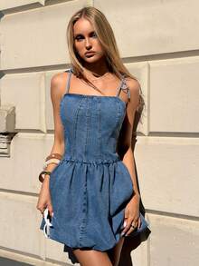 MainGRL Đầm denim buộc dây vai, khóa kéo sau lưng - Màu xanh lam - Xem 6