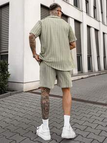Artur Kramer GloMan INS 男士两件套波西米亚风钩针针织衬衫和短裤，多色条纹提花纹理衬衫，适合海滩度假、音乐节、夏威夷度假村穿着，送给他的礼物，复古度假风。送给妈妈的礼物 - 杏色 - 查看 2