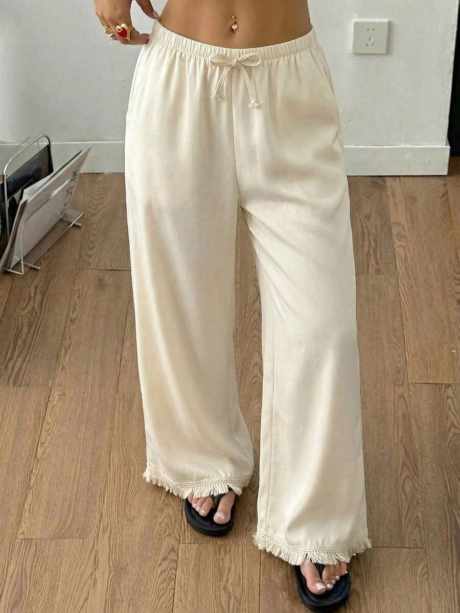Genkimix Kids Teen Girls' Spring/Summer Woven White Elastic Waist Wide Leg Pants With Fringe Hem - White - View 1
