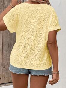 Women's Casual V-Neck Short Sleeve Contrast Color Button Shoulder Plus Size T-Shirt, Spring/Summer - Yellow - View 2