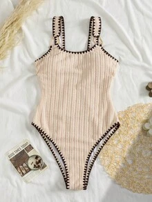 Swim Chiccia Bộ đồ bơi liền thân kiểu Pháp cổ điển gợi cảm màu hạnh nhân dành cho nữ, chất liệu vải dệt gân dọc với điểm nhấn màu nâu đậm, cổ chữ U khoét lưng, dây đeo bản rộng, trang trí vòng kim loại bất đối xứng, phong cách thể thao tối giản, thoải mái cho bãi biển, lướt sóng, tiệc trà chiều, dạo chơi trong kỳ nghỉ. - Màu be - Xem 4