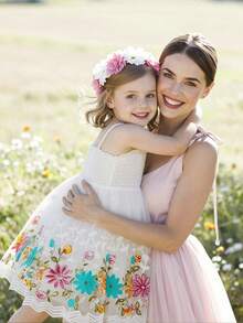 SHEIN Glamorique Kids 年轻女孩优雅端庄的白色无袖吊带收腰奢华可爱白色刺绣网纱蓬蓬裙正式礼服 - 白色 - 查看 8