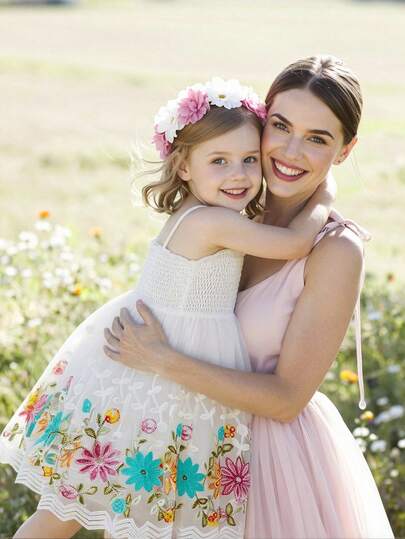 SHEIN Glamorique Kids Young Girls Elegant Graceful Dignified White Sleeveless Spaghetti Strap Cinched Waist Luxurious Cute White Embroidered Mesh Puff Dress Formal Gown