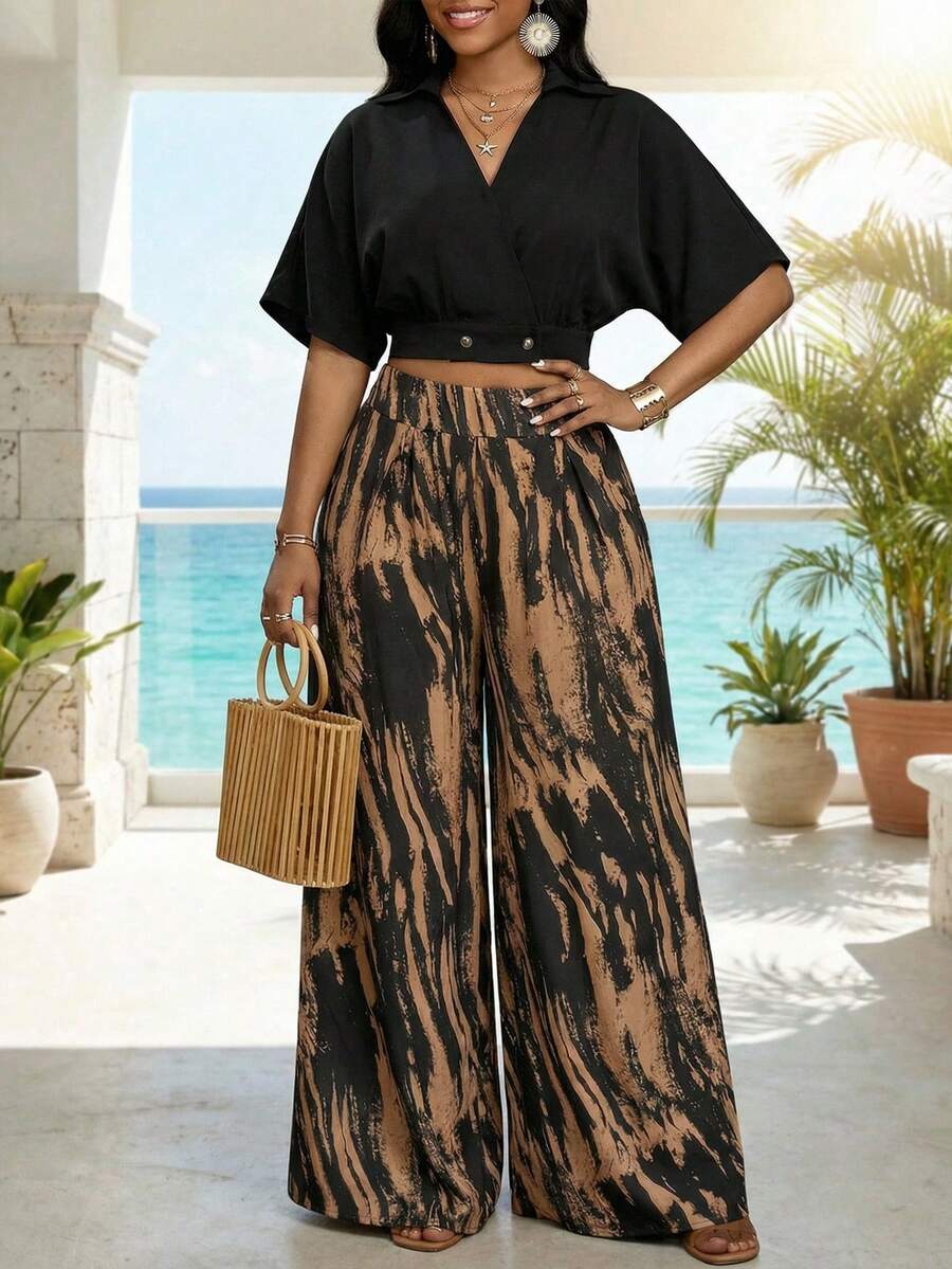 SHEIN Lady Conjunto casual de 2 piezas con top de cuello en V sólido con decoración de tachuelas y pantalones de pierna ancha para mujer - Multicolor - View 1