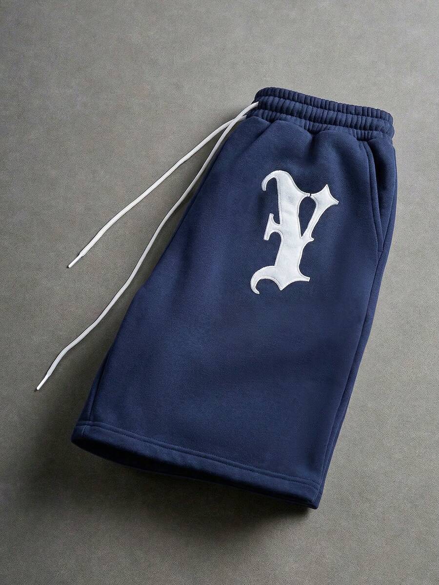 Manfinity Hypemode Men's Casual Letter Embroidered Shorts, Summer Graphic Print Shorts Custom Short Drawstring Shorts Jersey Shorts For Men - Blue - View 1