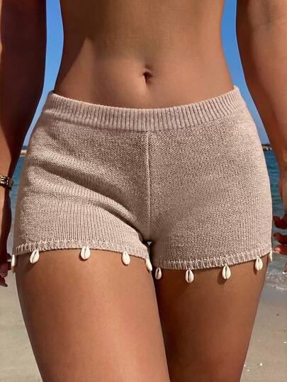 Swim SXY Bộ quần short dệt kim trơn màu dành cho nữ mùa hè, quần short dệt kim ôm sát cạp thấp co giãn họa tiết vỏ sò, nhẹ nhàng, thích hợp cho mùa hè, thể thao thường ngày, đi làm, trang phục mùa hè nghỉ xuân cho nữ, đồ đi biển cho nữ, quần phong cách bohemian, trang phục đi biển, phù hợp cho các buổi đi chơi, lễ hội âm nhạc, hẹn hò, kỳ nghỉ.