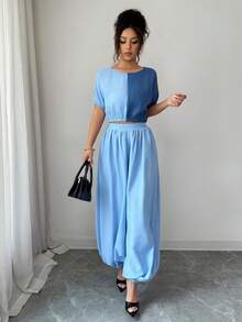 Selianne Städtisch-eleganter Resort-Stil Damen Frühling/Sommer Pendelanzug mit Patchwork, Rundhalsausschnitt, Kurzarm und taillierter Hose mit Glockenform, geeignet für den täglichen Gebrauch, Hochzeiten, Galas, Pendeln, Abschlussfeiern, Feiertage, Urlaub, Dates, Partys, Halloween, Weihnachten, Neujahr, Thanksgiving, Hochzeiten - Blau - Übersicht 4