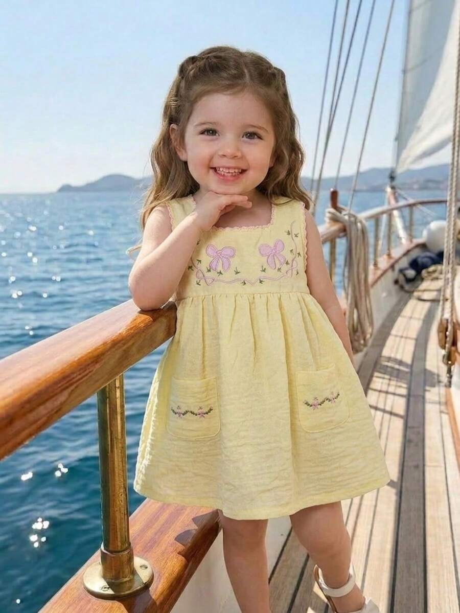 Vintaside Kids 女童夏季纯白连衣裙,无袖方领设计,时尚优雅甜美公主风,采用梭织面料,宽松版型,领口饰有狗毛线,增添精致感。胸前和口袋上的花蝶刺绣图案充满童趣和浪漫气息。下摆处的两个小口袋既美观又实用。适合度假、拍照、参加婚礼、上学、参加派对等各种场合。 - 黃色 - 查看 1