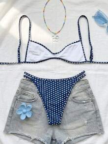 Swim Vcay 女士夏季新款性感抹胸系带上衣和低腰波点印花比基尼套装 - 藏蓝色 - 查看 2