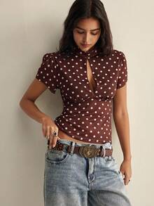 Casual Retro Sheer Polka Dot Sexy Blouse For Women,Summer Top Peplum Top Short Sleeve Top Polka Dot Top Brown Polka Dot Top - Multicolor - View 2