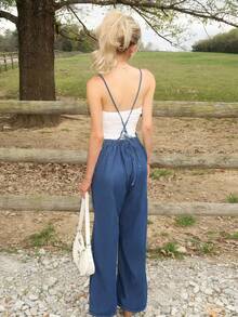 Sydney Algeri Women's Casual Washed Wide Leg Denim Jumpsuit - Dark Wash - View 2