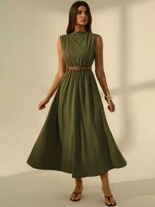 SHEIN Tall 女士纯色无袖连衣裙（含腰带），返校季 - 軍綠色 - 查看 4