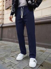 Artur Kramer Men's Solid Color Drawstring Waist Casual Pants - Navy Blue - View 6