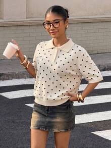 Muchica 女士优雅Polo领短袖休闲针织衫 - 米白色波点，可爱学院风短袖上衣，春夏复古甜美风，适合工作、度假、返校等场合。 - 彩色 - 查看 3
