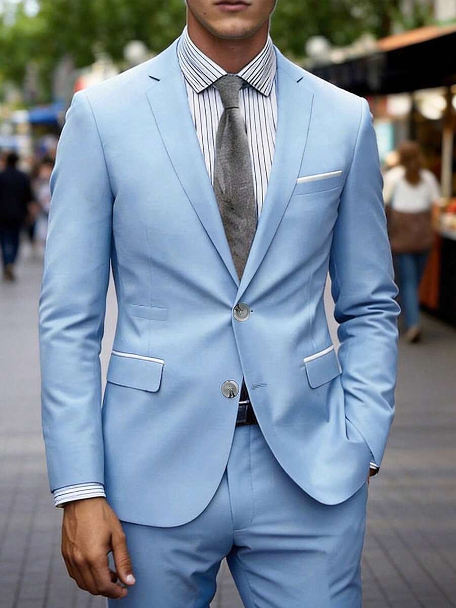 Manfinity Mode Bộ vest nam cổ ve lật, cài khuy đơn - Màu xanh nhạt - Xem 1