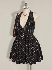 SHEIN ICON Đầm chấm bi hở lưng buộc dây phía trước dành cho nữ cỡ lớn, thích hợp cho kỳ nghỉ hè ở bãi biển, thích hợp cho kỳ nghỉ ngắn ngày. - Đen và trắng - Xem 4