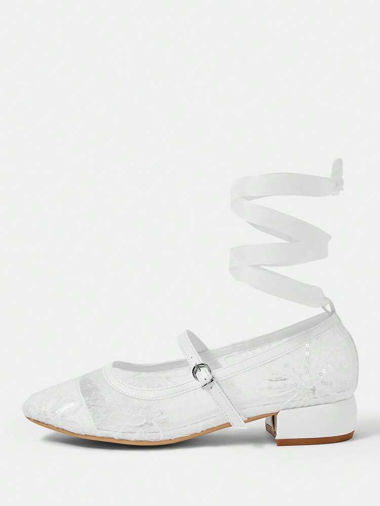 CUCCOO HITCHD Women's Shoes Round Toe White Lace Mesh Gentle And Elegant Wedding Shoes Low Vamp Straps Decorative Flat Shoes