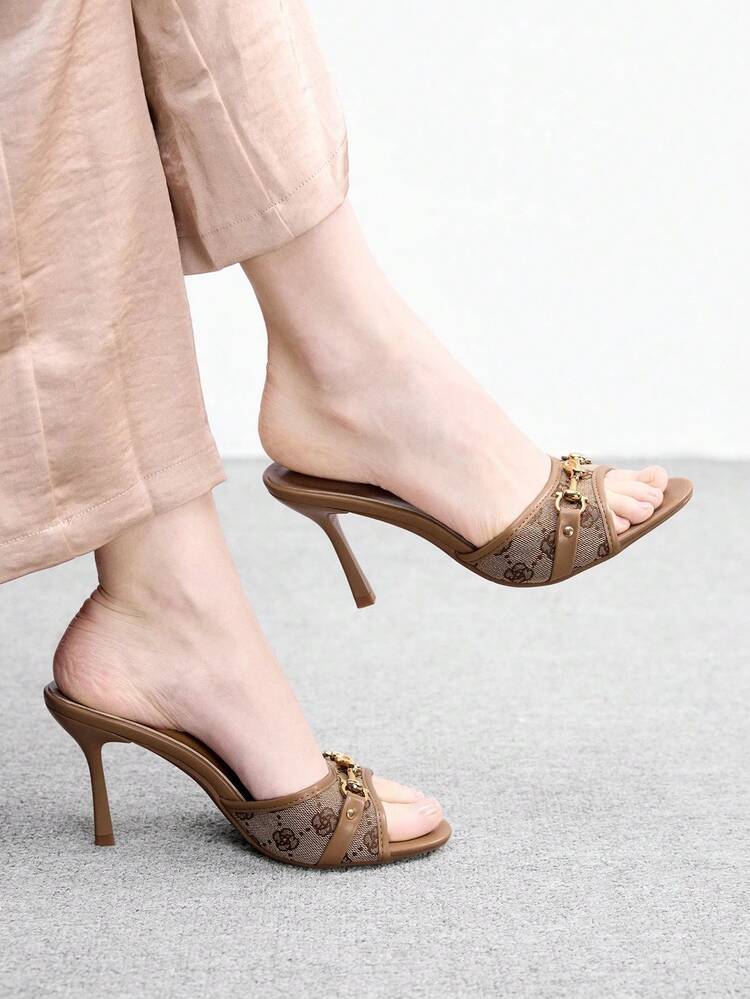 CUCCOO BIZCHIC Women Shoes Spring And Summer New Brown Metal Buckle Peep Toe Women's High-Heeled Sandals Slippers Fashionable And Comfortable Versatile Commuter Women's Sandals Peep Toe Sandals