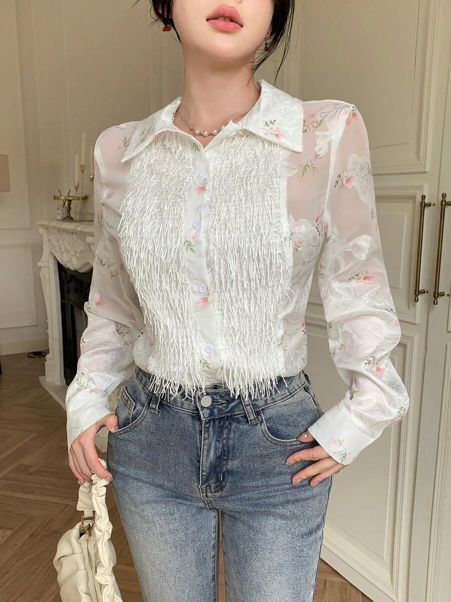 Modelyn 白色花卉印花拼接流苏镂空薄纱优雅女式衬衫，春夏款 - 白色 - 查看 1