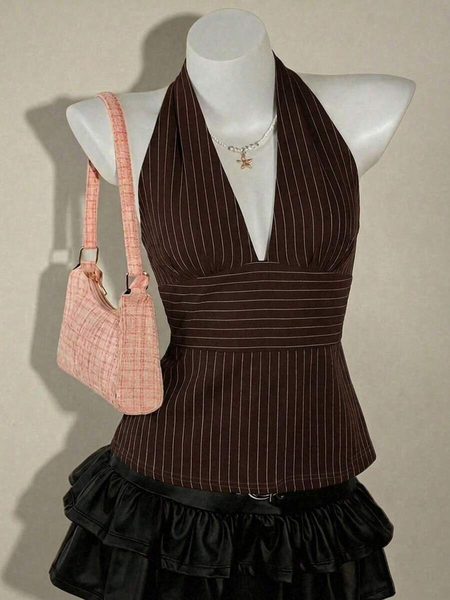 SHEIN ICON Áo hai dây cổ yếm, cổ chữ V sâu, eo thon, dáng chữ A, hở lưng. - màu nâu - Xem 1