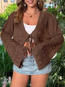 Flirla Áo khoác cardigan dáng ngắn, màu trơn, kiểu dáng thời trang, thắt nơ, viền vỏ sò, chất liệu lưới móc, tay loe, thích hợp mặc đi biển. - Cà phê nâu - Xem 1