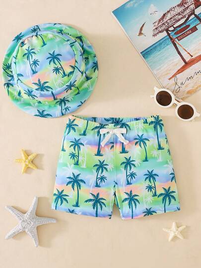 2件套男童休闲柠檬印花泳裤和遮阳帽套装，适合海滩度假、游泳、冲浪