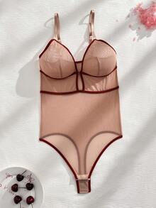 Eraneu 女士镂空细肩带性感连体衣内衣 - 杏色 - 查看 6